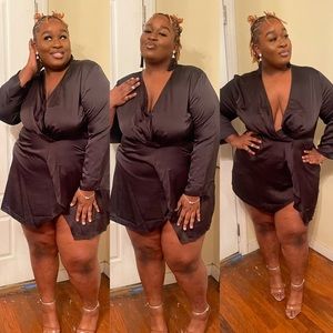 Plus Black Satin Material Dress With A Wrap Design